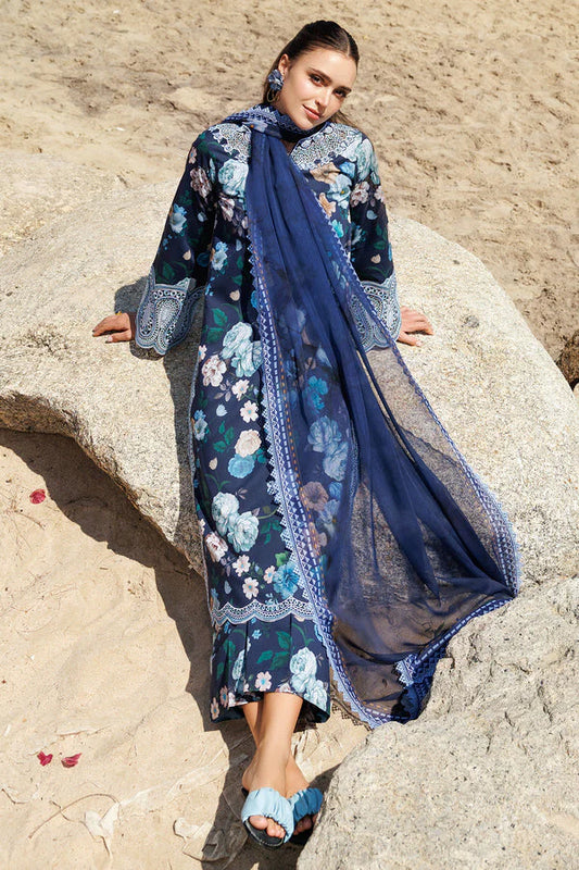 Farasha_Navy_Embroidered_Lawn_Dress_sitting_pose