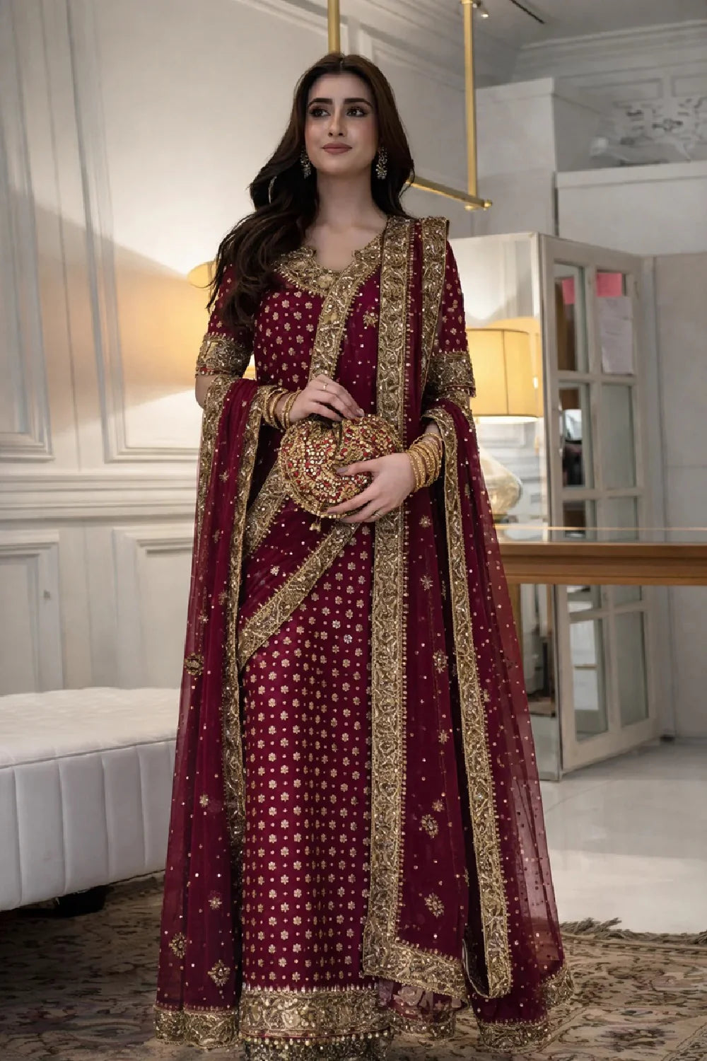 Haris Shakeel Chiffon Hand Embellished Dress with Clutch