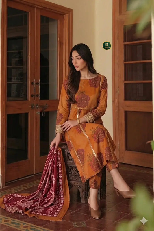 Iznik Orange Embroidered Lawn Dress sitting Pose