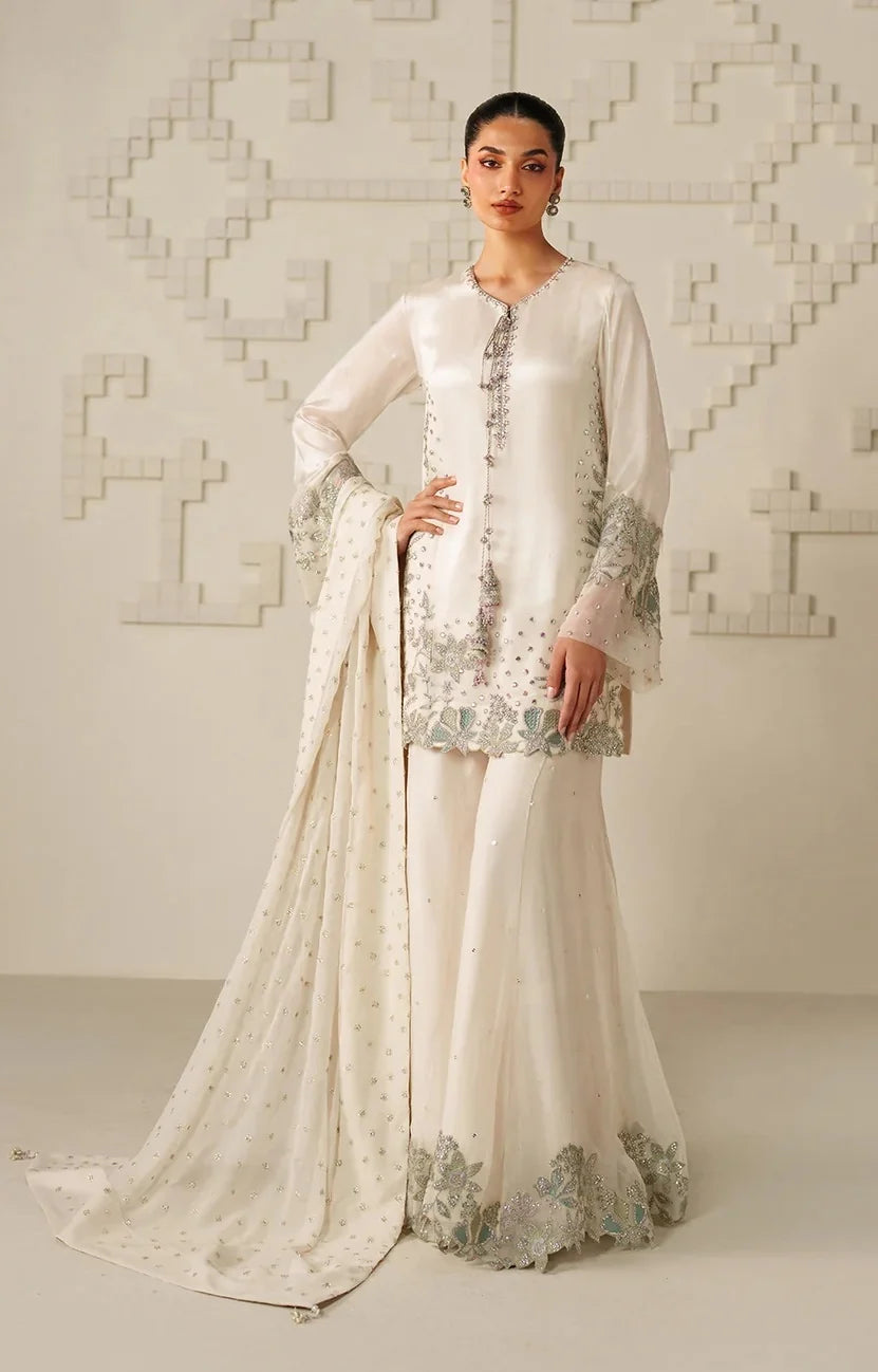 Iznik pearl ivory 3-piece chiffon gharara suit featuring embellished tassels and sequin organza dupatta⁠