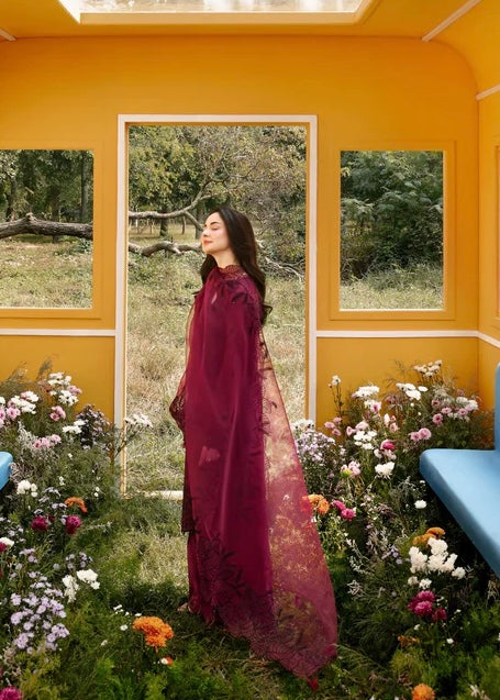 Laam Red Embroidered Lawn Dress Pose 2
