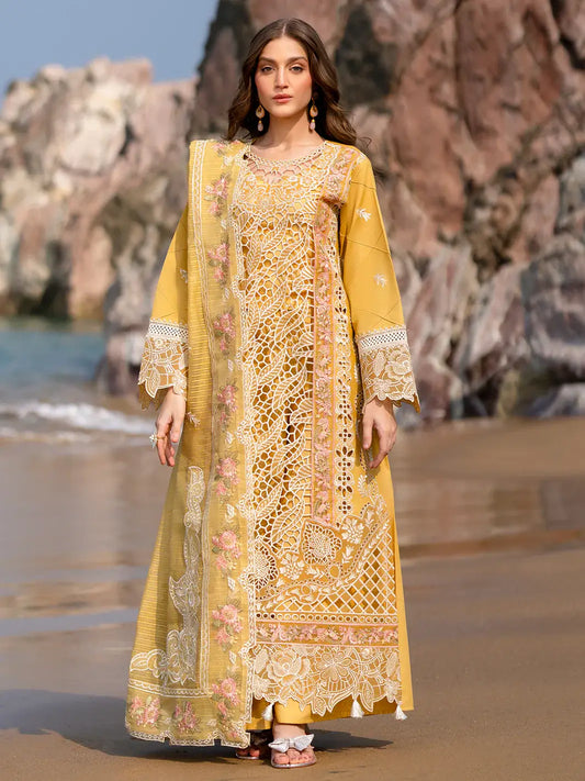 Mahnur Luxury Embroidered Cutwork Yellow Lawn Dress pose 1