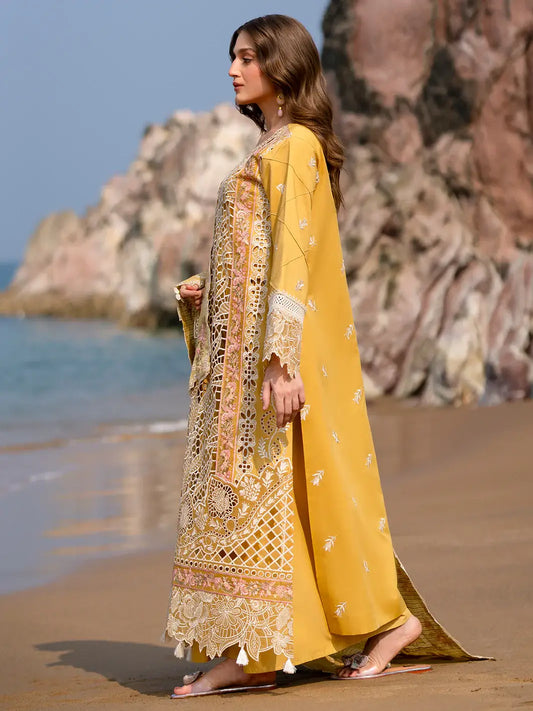 Mahnur Luxury Embroidered Cutwork Yellow Lawn Dress pose 2