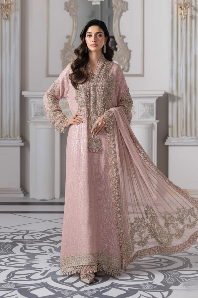 Maria B Chiffon Hand Embellished Embroidered Long Shirt - Pink