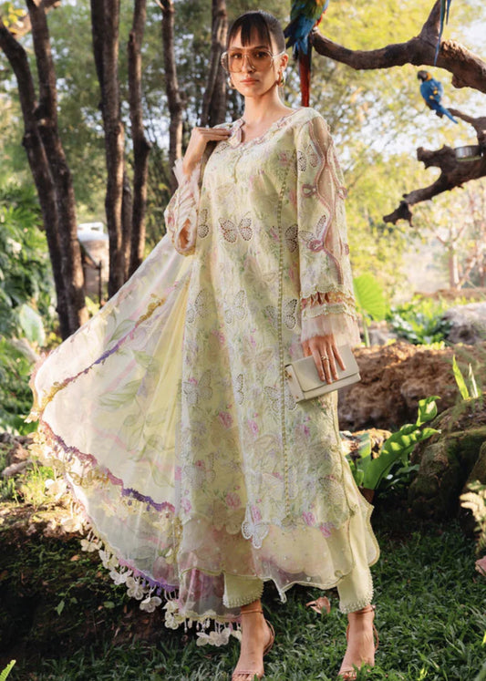 Maria B Laser Butterfly Embroidered Lawn yellow Dress pose 1