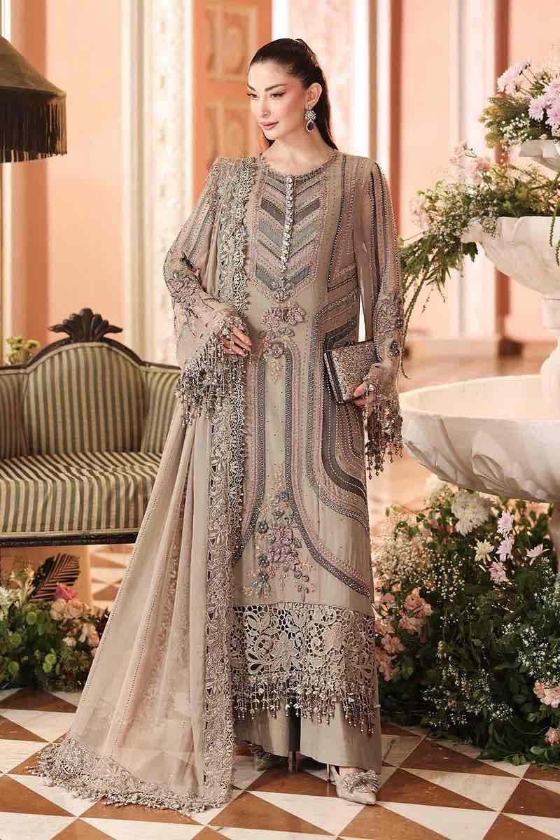 Close-up view of Maria B unstitched chiffon party wear suit online Pakistan highlighting intricate neck embroidery and pearl work.⁠
