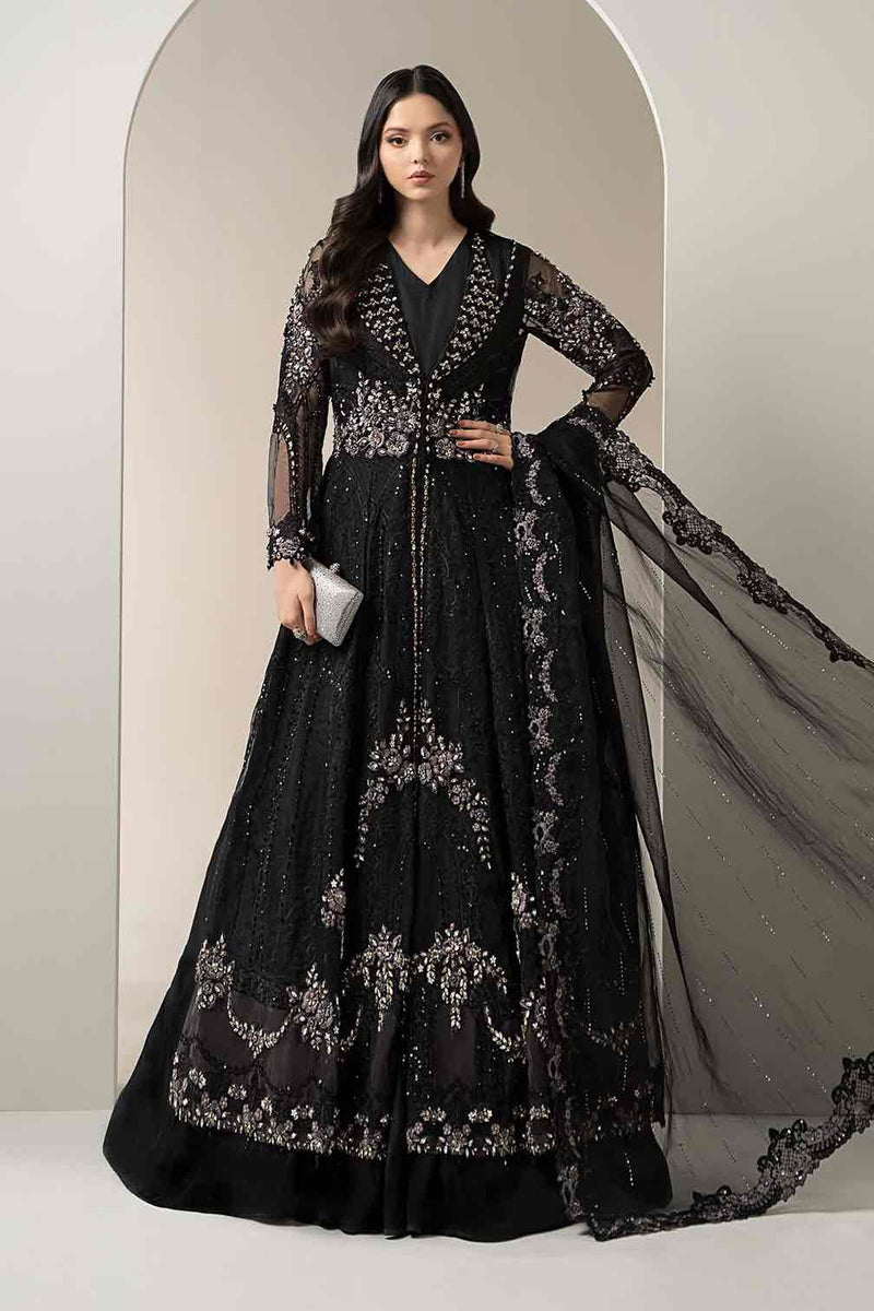 Maria B unstitched 3piece black floor length embroidered net frock paired with silk trouser and net dupatta⁠