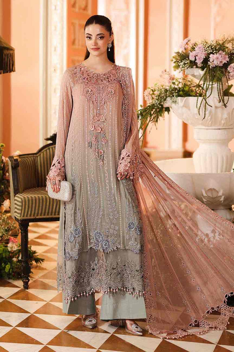 ⁠Full length view of Maria B unstitched tie-dye tea pink and grey chiffon suit with adda work daman and tassels - Shop Now⁠