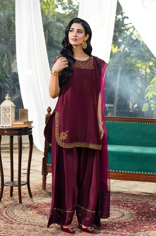 Murk Lady Mary Deep Plum Silk Embroidered 3 Piece Suit front view Buy now