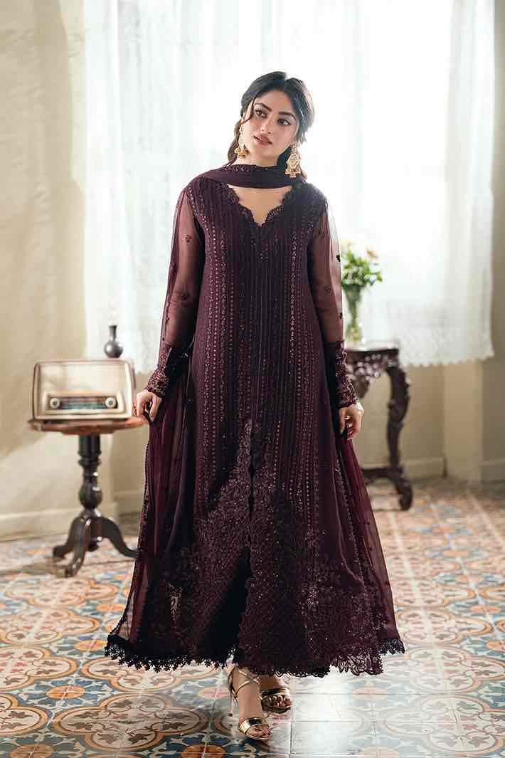 ⁠Full length view of model in plum Azure luxury chiffon sequence work suit styled with heels - Shop Now⁠